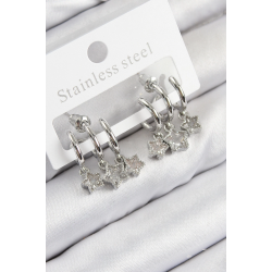 Mey İthalat® Pirinç Zirkon Taşlı Sallantılı Yıldız Model Gümüş Renk Kadın Küpe