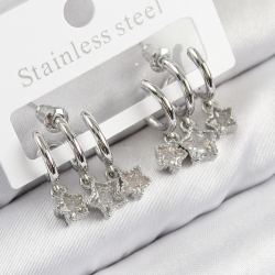 Mey İthalat® Pirinç Zirkon Taşlı Sallantılı Yıldız Model Gümüş Renk Kadın Küpe