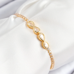 Mey İthalat® Pirinç Zirkon Taşlı Sonsuzluk Model Gold Renk Asansörlü Kadın Bileklik