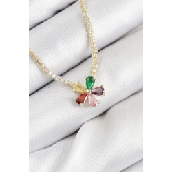 Mey İthalat® Pirinç Zirkon Taşlı Su Yolu Asorti Çiçek Model Gold Renk Kadın Kolye