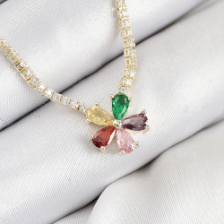 Mey İthalat® Pirinç Zirkon Taşlı Su Yolu Asorti Çiçek Model Gold Renk Kadın Kolye