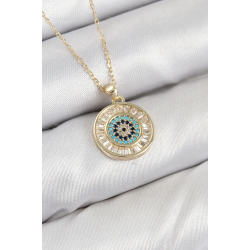 Mey İthalat® Pirinç Zirkon Taşlı Su Yolu Nazar Model Gold Renk Kadın Kolye