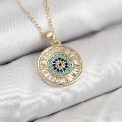 Mey İthalat® Pirinç Zirkon Taşlı Su Yolu Nazar Model Gold Renk Kadın Kolye