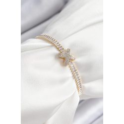 Mey İthalat® Pirinç Zirkon Taşlı X Detaylı Su Yolu Model Gold Renk Asansörlü Kadın Bileklik