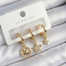 Mey İthalat® Pirinç Zirkon Taşlı Yıldız Model Gold Renk 3'lü Çift Kadın Küpe Set