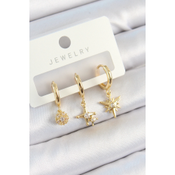 Mey İthalat® Pirinç Zirkon Taşlı Yıldız Model Gold Renk 3'lü Çift Kadın Küpe Set