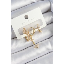 Mey İthalat® Pirinç Zirkon Taşlı Yıldız Model Gold Renk 3'lü Çift Kadın Küpe Set
