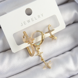 Mey İthalat® Pirinç Zirkon Taşlı Yıldız Model Gold Renk 3'lü Çift Kadın Küpe Set