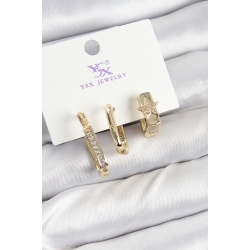 Mey İthalat® Pirinç Zİrkon Taşlı Yıldız Model Gold Renk 3'lü Kadın Küpe