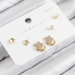 Mey İthalat® Pirinç Zirkon Taşlı Yıldız Model Gold Renk 925 Ayar Gümüş Çivi Kadın Küpe Set