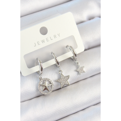 Mey İthalat® Pirinç Zirkon Taşlı Yıldız Model Gümüş Renk 3'lü Çift Kadın Küpe Set