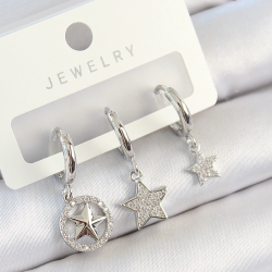 Mey İthalat® Pirinç Zirkon Taşlı Yıldız Model Gümüş Renk 3'lü Çift Kadın Küpe Set