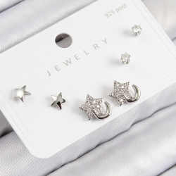 Mey İthalat® Pirinç Zirkon Taşlı Yıldız Model Gümüş Renk 925 Ayar Gümüş Çivi Kadın Küpe Set
