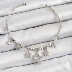 Mey İthalat® Pirinç Zirkon Taşlı Yıldız Model Gümüş Renk Charm Bileklik