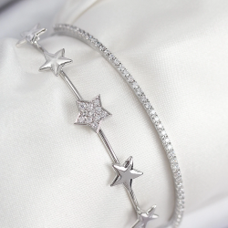 Mey İthalat® Pirinç Zirkon Taşlı Yıldız Model Gümüş Renk Kadın Bileklik
