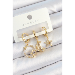 Mey İthalat® Pirinç Zirkon Taşlı Yıldız Ve Ay Model Gold Renk 3'lü Kadın Küpe Set