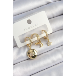 Mey İthalat® Pirinç Zirkon Taşlı Yıldız Ve Ay Model Gold Renk 3'lü Çift Kadın Küpe Set