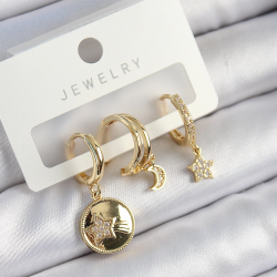 Mey İthalat® Pirinç Zirkon Taşlı Yıldız Ve Ay Model Gold Renk 3'lü Çift Kadın Küpe Set