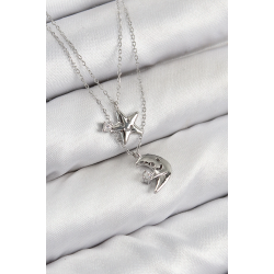 Mey İthalat® Pirinç Zirkon Taşlı Yıldız Ve Ay Model Gümüş Renk Kadın Kolye