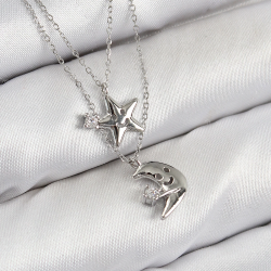 Mey İthalat® Pirinç Zirkon Taşlı Yıldız Ve Ay Model Gümüş Renk Kadın Kolye