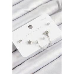 Mey İthalat® Pirinç Zirkon Taşlı Yıldız Ve Gezegen Model Gümüş Renk 925 Ayar Gümüş Çivi Kadın Küpe Set