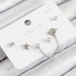 Mey İthalat® Pirinç Zirkon Taşlı Yıldız Ve Gezegen Model Gümüş Renk 925 Ayar Gümüş Çivi Kadın Küpe Set