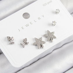 Mey İthalat® Pirinç Zirkon Taşlı Yıldız Ve Gül Model Gümüş Renk 925 Ayar Gümüş Çivi Kadın Küpe Set
