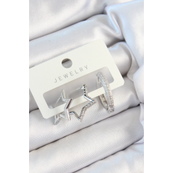 Mey İthalat® Pirinç Zirkon Taşlı Yıldız Ve Halka Model Gümüş Renk 3'lü Çift Kadın Küpe Set