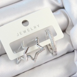 Mey İthalat® Pirinç Zirkon Taşlı Yıldız Ve Halka Model Gümüş Renk 3'lü Çift Kadın Küpe Set