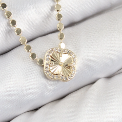 Mey İthalat® Pirinç Zirkon Taşlı Yonca Model Ezme Zincir Gold Renk Kadın Kolye