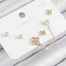 Mey İthalat® Pirinç Zirkon Taşlı Yonca Model Gold Renk 925 Ayar Gümüş Çivi Kadın Küpe Set