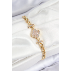 Mey İthalat® Pirinç Zirkon Taşlı Yonca Model Gold Renk Kadın Bileklik