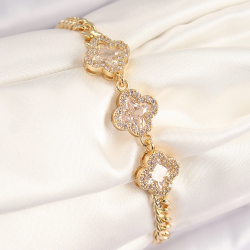 Mey İthalat® Pirinç Zirkon Taşlı Yonca Model Gold Renk Kadın Bileklik