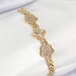 Mey İthalat® Pirinç Zirkon Taşlı Yonca Model Gold Renk Kadın Bileklik