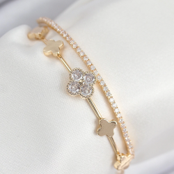 Mey İthalat® Pirinç Zirkon Taşlı Yonca Model Gold Renk Kadın Bileklik