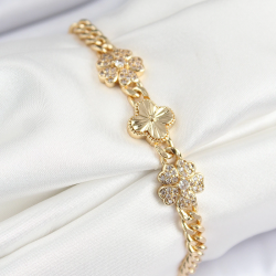 Mey İthalat® Pirinç Zirkon Taşlı Yonca Model Gold Renk Kadın Bileklik