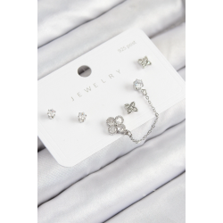 Mey İthalat® Pirinç Zirkon Taşlı Yonca Model Gümüş Renk 925 Ayar Gümüş Çivi Kadın Küpe Set