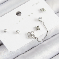 Mey İthalat® Pirinç Zirkon Taşlı Yonca Model Gümüş Renk 925 Ayar Gümüş Çivi Kadın Küpe Set