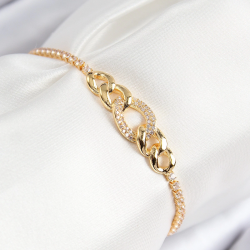 Mey İthalat® Pirinç Zirkon Taşlı Zincir Model Gold Renk Asansörlü Kadın Bileklik