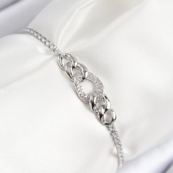 Mey İthalat® Pirinç Zirkon Taşlı Zincir Model Gümüş Renk Asansörlü Kadın Bileklik