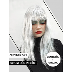 Mey İthalat® Platin Gri Gümüş Renk Uzun Parti Peruğu Uzun Takma Peruk