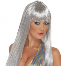 Mey İthalat® Platin Gri Gümüş Renk Uzun Parti Peruğu Uzun Takma Peruk