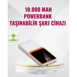 Mey İthalat® Powerbank 10000 mAh – Çift USB Çıkışlı, Type-C Girişli, Şık Beyaz Tasarım