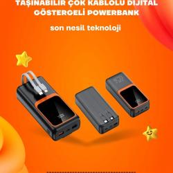 Mey İthalat® Powerbank 20000 mAh | 22.5W Hızlı Şarj, Dahili Kablolu, LCD Ekranlı Şarj Cihazı