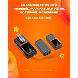 Mey İthalat® Powerbank 20000 mAh | 22.5W Hızlı Şarj, Dahili Kablolu, LCD Ekranlı Şarj Cihazı