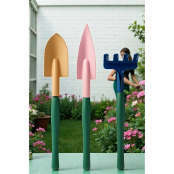 Mey İthalat® Premium 3’lü Hobi Bahçe Seti – Renkli Metal El Küreği ve Tırmık Takımı – Garden Pro Edition