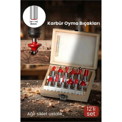 Mey İthalat® Profesyonel 12'li Ahşap Freze Ucu Seti 8mm Şaft | Rulmanlı Karbür Oyma Bıçakları Ahşap Kutulu
