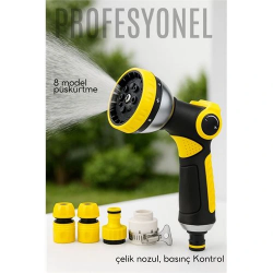 Mey İthalat® Profesyonel 8 Modelli Metal Basınçlı Sulama Tabancası Seti | Ayarlanabilir Jet | Hortum Konnektörlü