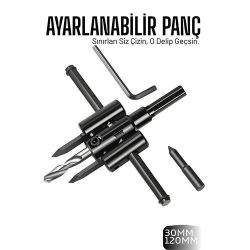 Mey İthalat® Profesyonel Ayarlı Daire Kesici Panç Seti (30-120mm) - Tungsten Çelik Uçlu Hassas Delme Seti