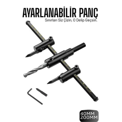 Mey İthalat® Profesyonel Ayarlı Daire Kesici Panç Seti (40-200mm) - Tungsten Çelik Uçlu Hassas Delme Seti
